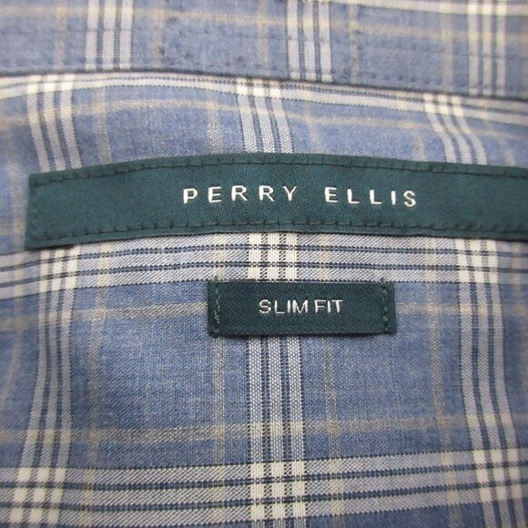 Perry Ellis Slim Fit Shirt Sz Large Button-Up Blue Plaid Long Sleeve 100% Cotton - Picture 3 of 10